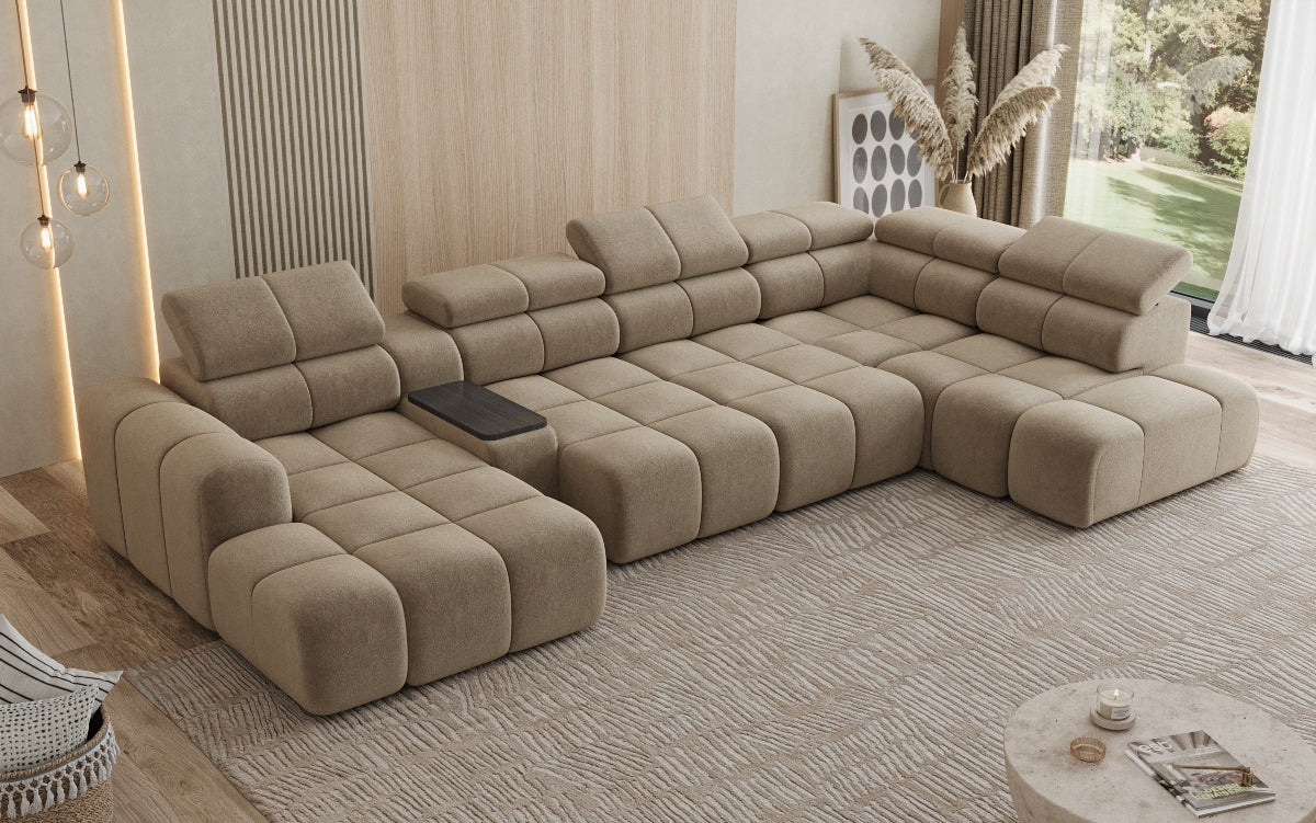 Designer Sofa Wohnlandschaft Mia mit elektrischer Sitzerweiterung in Chenille