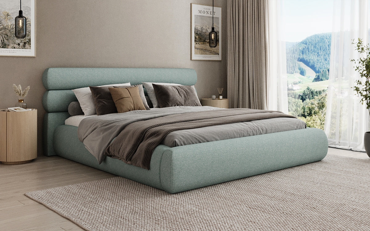 Designer upholstered bed Joline in textured fabric with storage