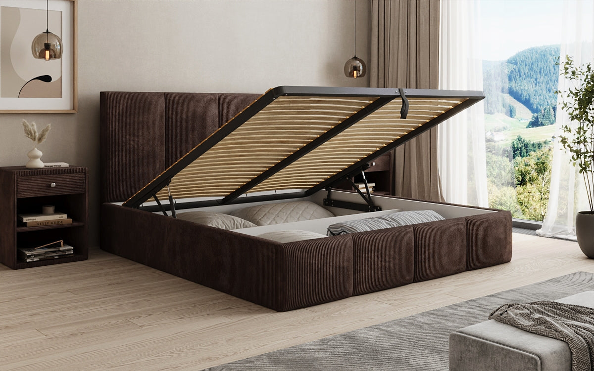 Designer upholstered bed Mina in Corduroy with storage space