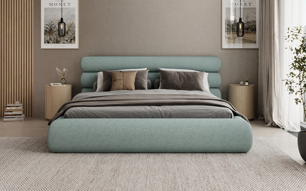 Designer upholstered bed Joline in textured fabric with storage