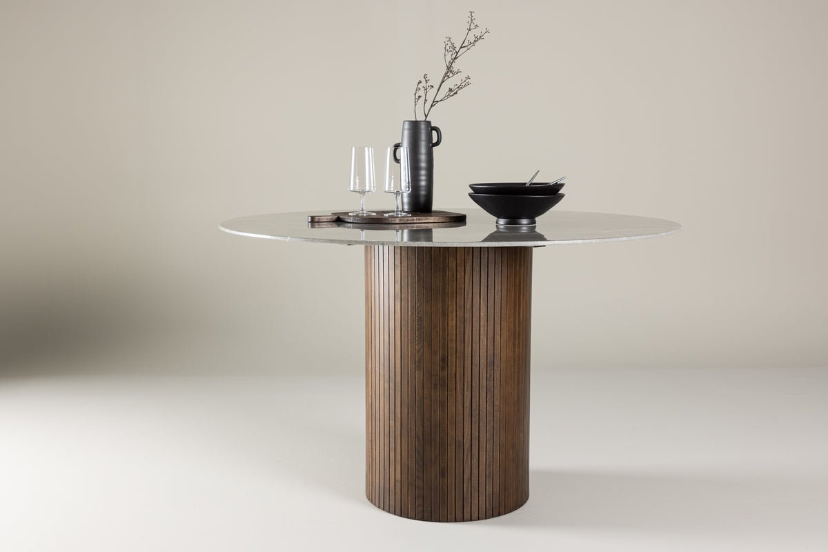 Dining table Justin - round dining table made of ash wood in mocha with glass top