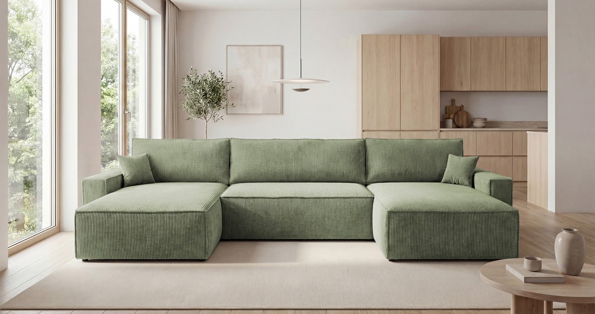 Designer Sofa Vienna U with Sleeper Function and Storage in Corduroy