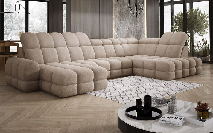 Designer Sofa Lima U with electric sleeping function in bouclé
