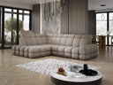 Designer corner sofa Lima with electric sleeper function in bouclé