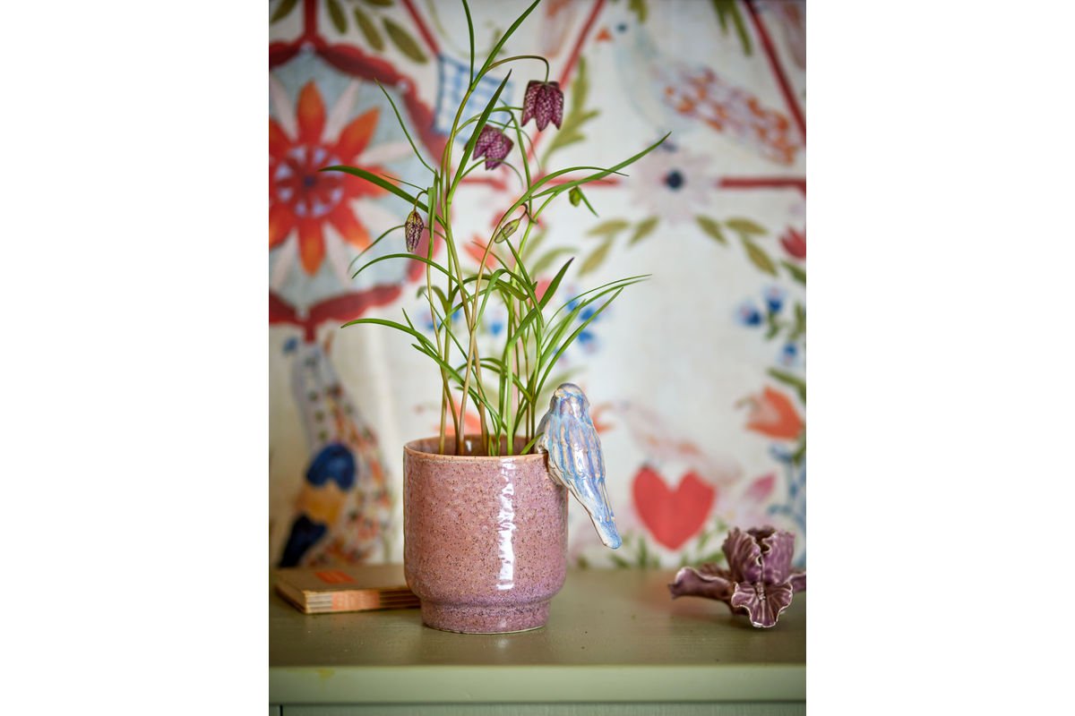 Flower Pot Birdy - Hand-Painted Stoneware with Decorative Bird
