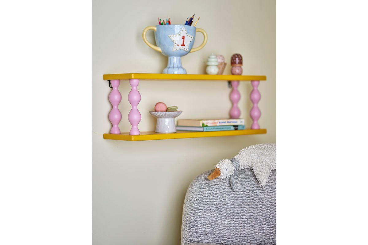 Children's Shelf Lyon – Yellow Wall Shelf with Pink Legs