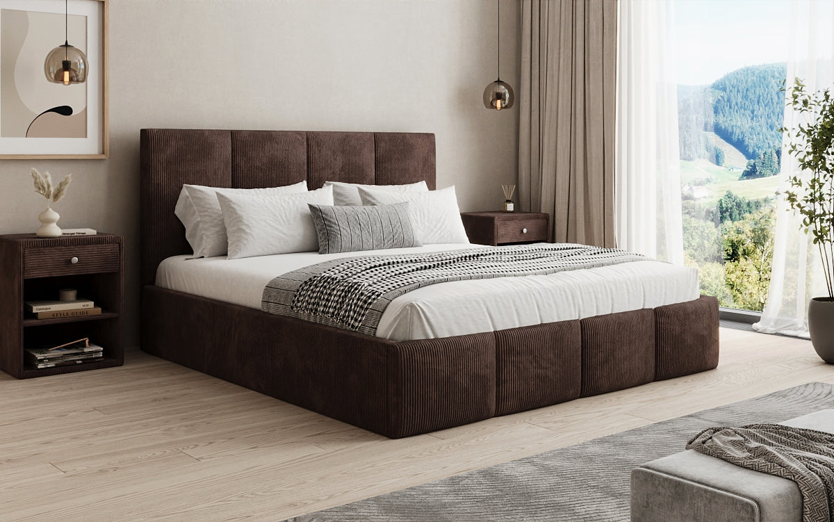 Designer upholstered bed Mina in Corduroy with storage space