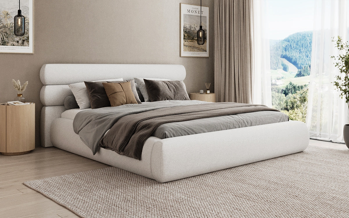 Designer upholstered bed Joline in textured fabric with storage