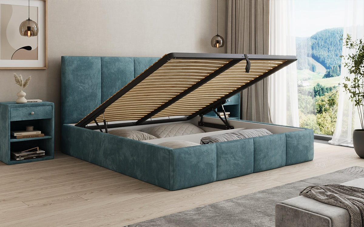 Designer upholstered bed Mina in Corduroy with storage space