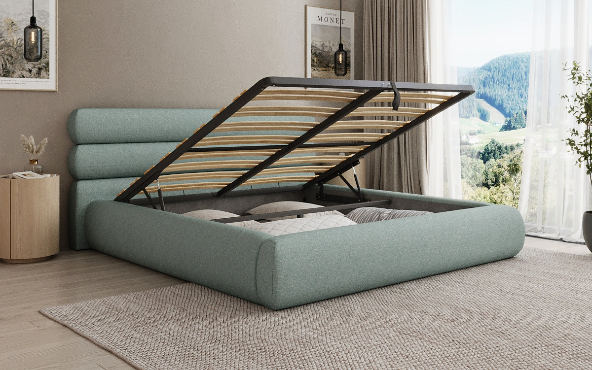 Designer upholstered bed Joline in textured fabric with storage