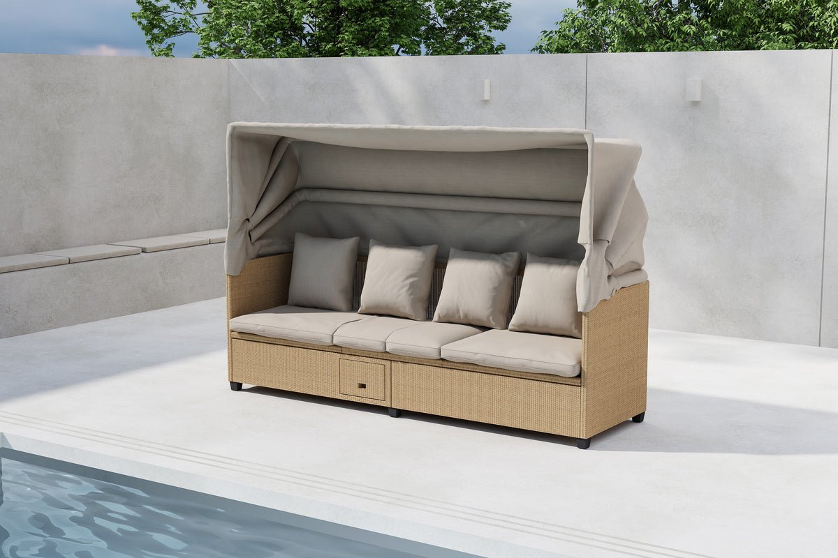 Garten Daybed Merano – Outdoor-Liege mit Sonnendach aus Polyrattan in Beige