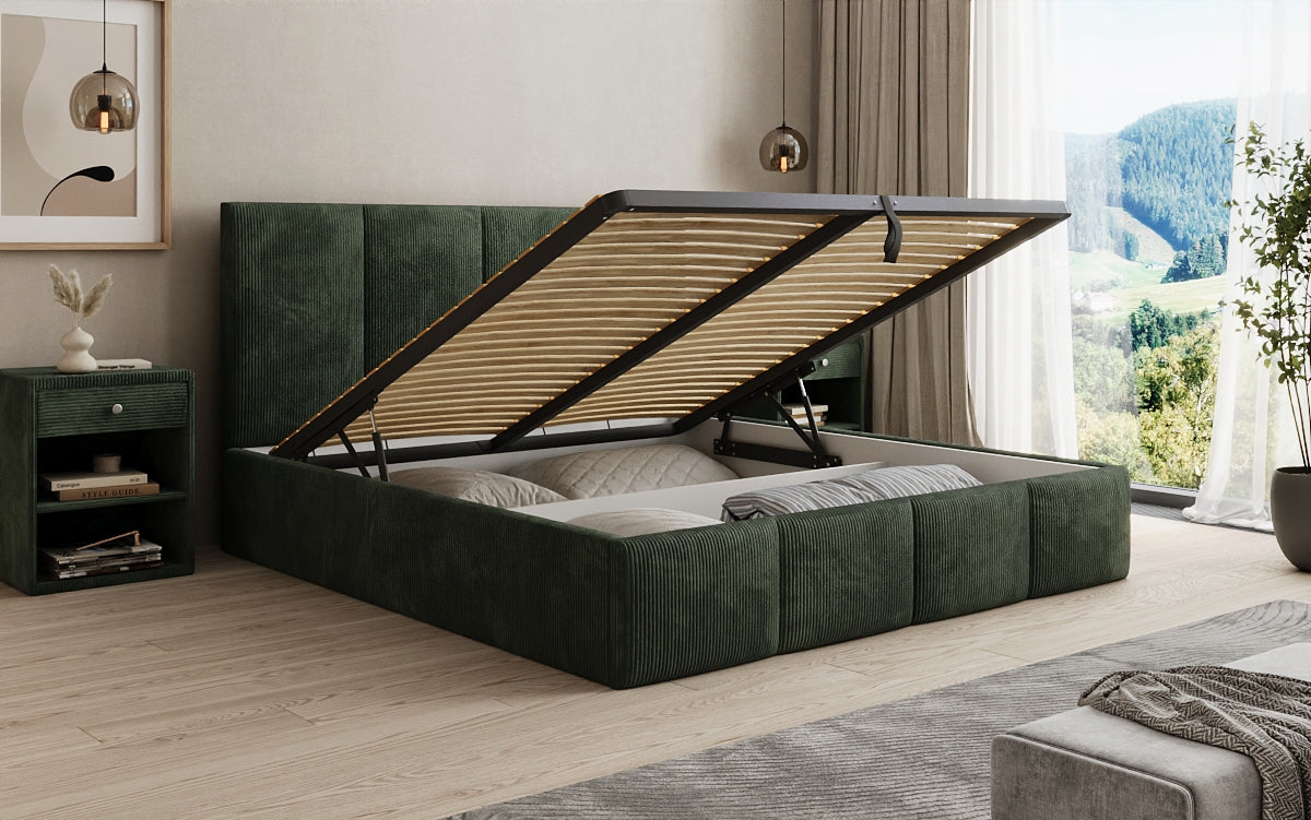 Designer upholstered bed Mina in Corduroy with storage space