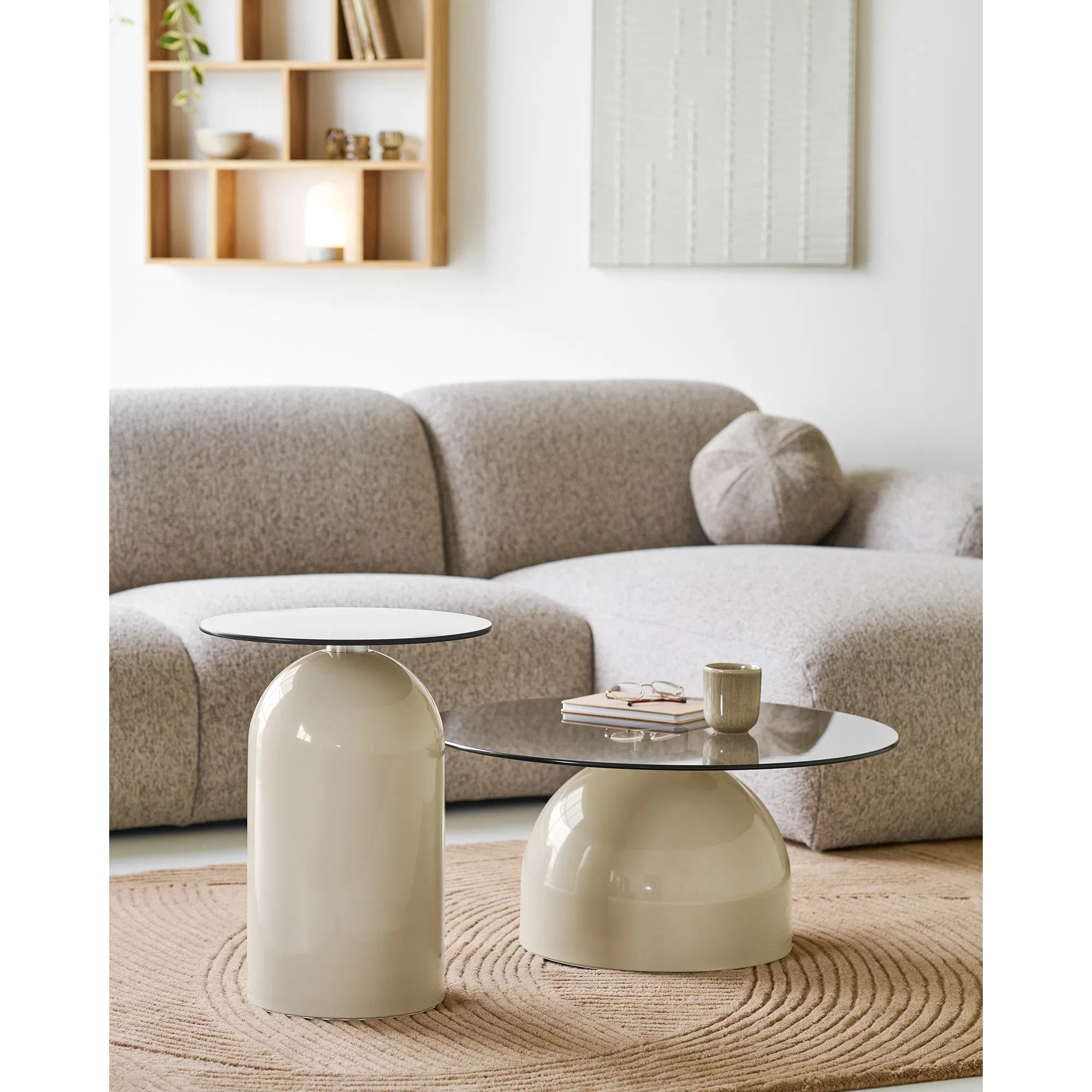 Solvaira Coffee Table – with Round Glass Top and Sculptural Metal Base