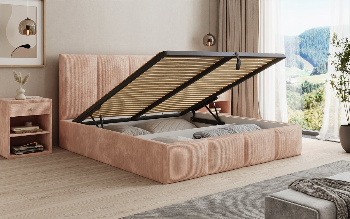 Designer upholstered bed Mina in Corduroy with storage space
