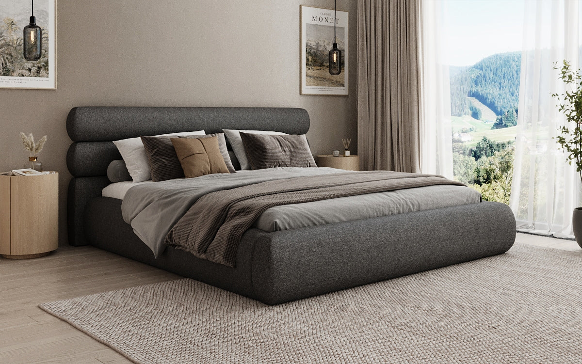 Designer upholstered bed Joline in textured fabric with storage