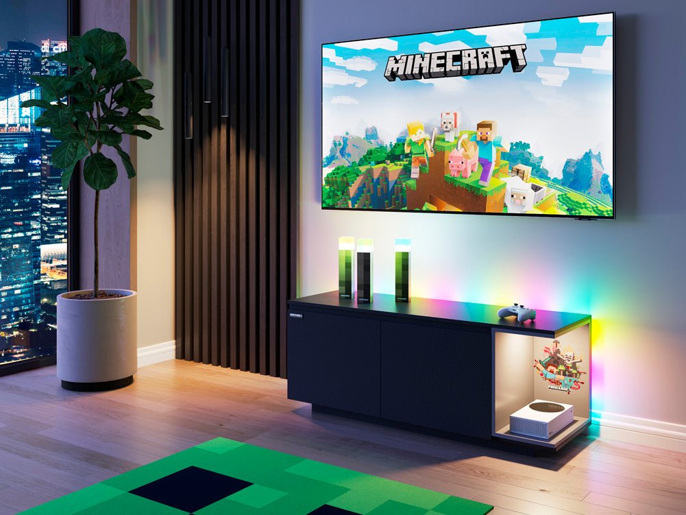 Minecraft Lowboard „BlockBase“ – mit Türen, Konsole-Fach & LED-Element