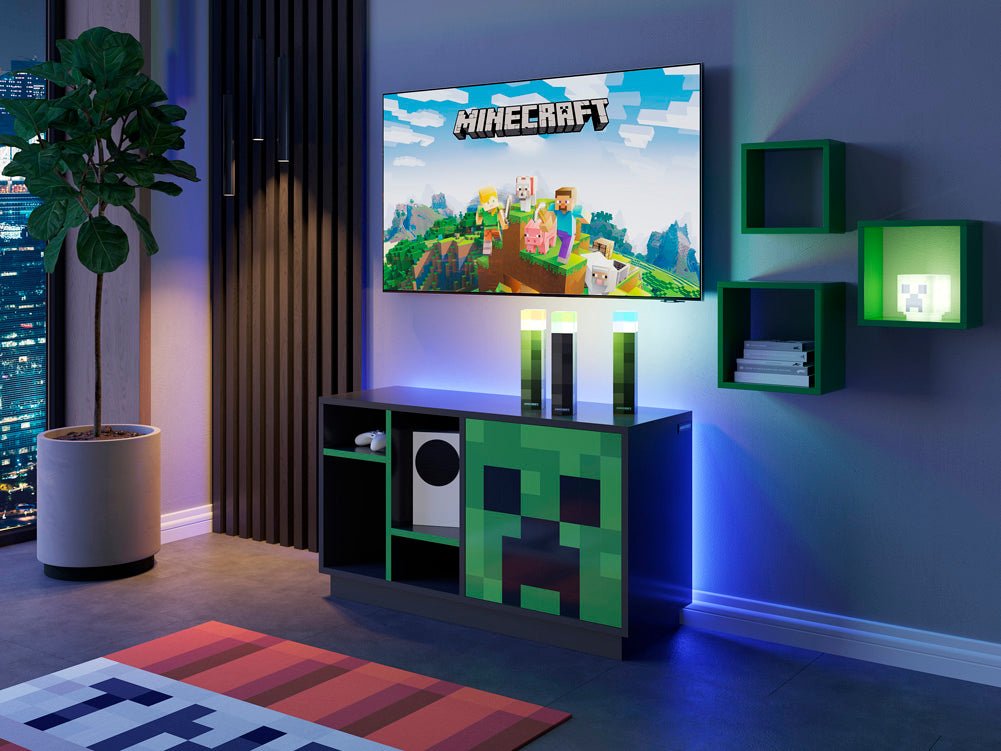 Minecraft TV-Lowboard „CreeperCube“ – mit Push-Open Tür & offenen Fächern