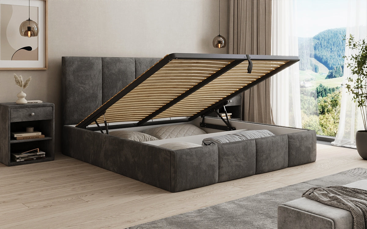 Designer upholstered bed Mina in Corduroy with storage space