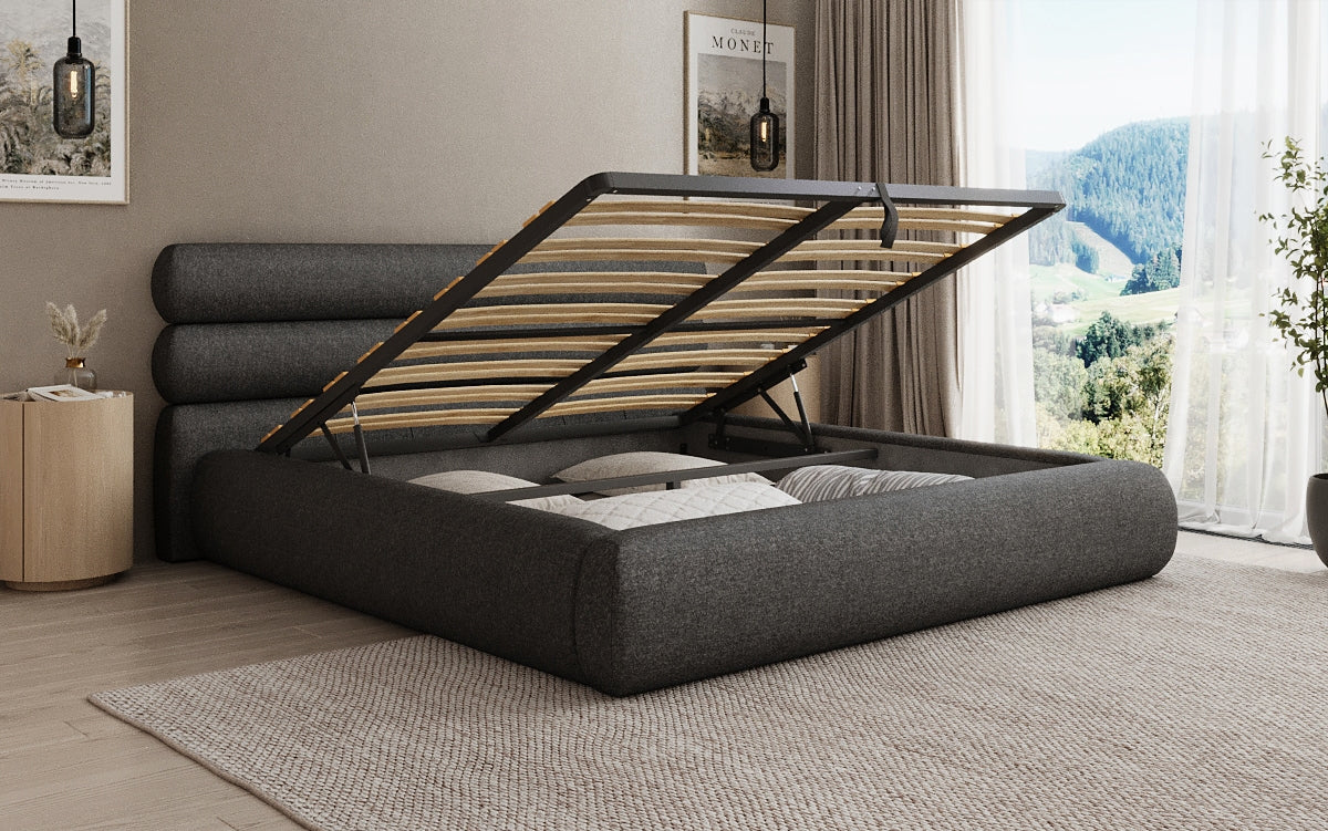 Designer upholstered bed Joline in textured fabric with storage