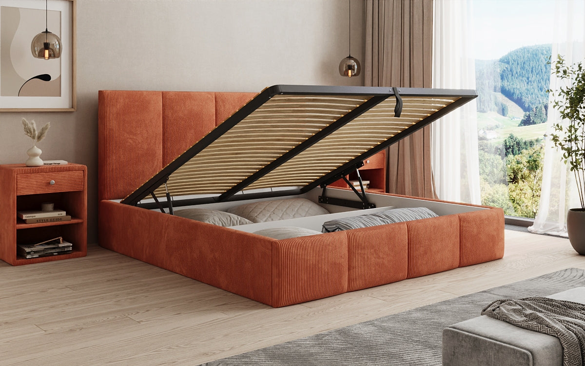 Designer upholstered bed Mina in Corduroy with storage space