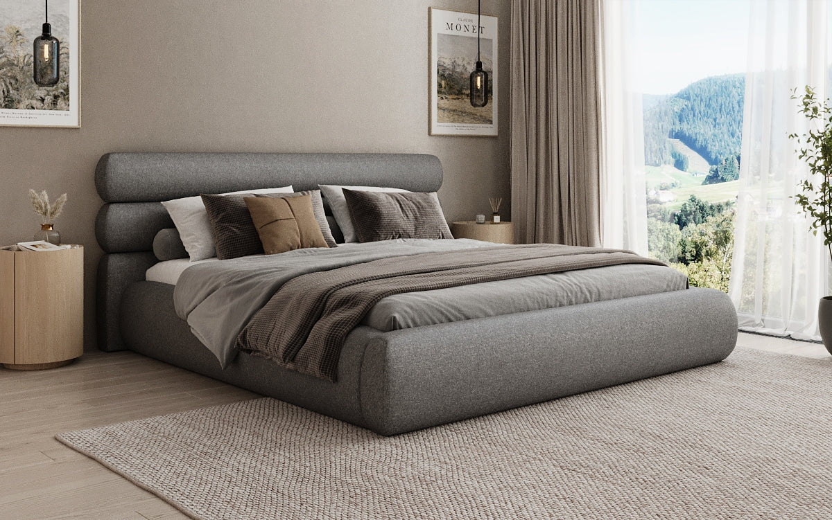 Designer upholstered bed Joline in textured fabric with storage
