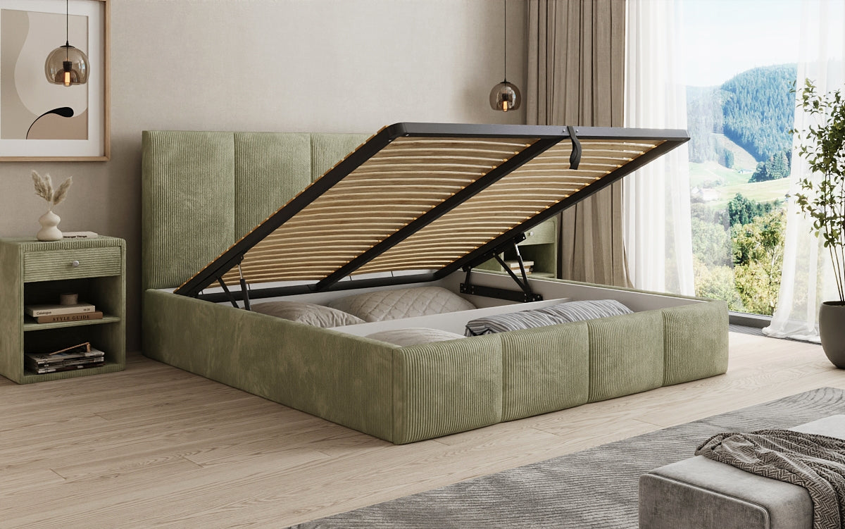 Designer upholstered bed Mina in Corduroy with storage space