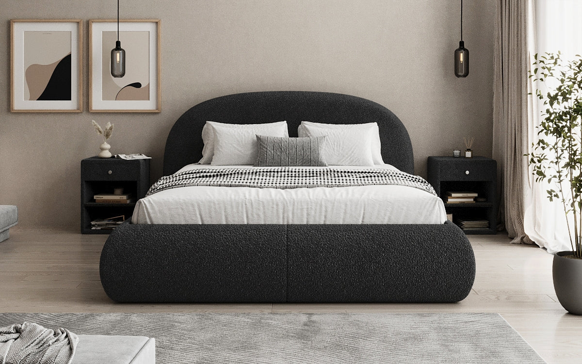 Designer upholstered bed Loop in teddy bouclé with storage space
