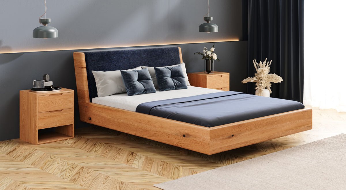 Designer wooden bed Cassian made of solid oak in a floating appearance