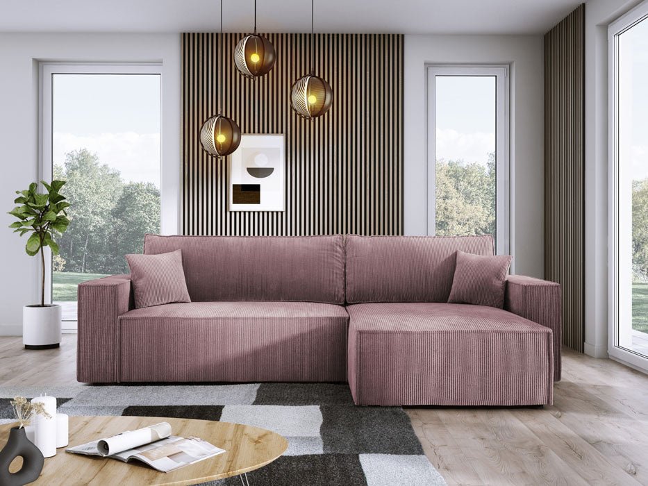 Designer Velanova sofa with sleeper function and storage space, made of corduroy