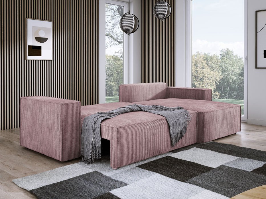 Designer Velanova sofa with sleeper function and storage space, made of corduroy