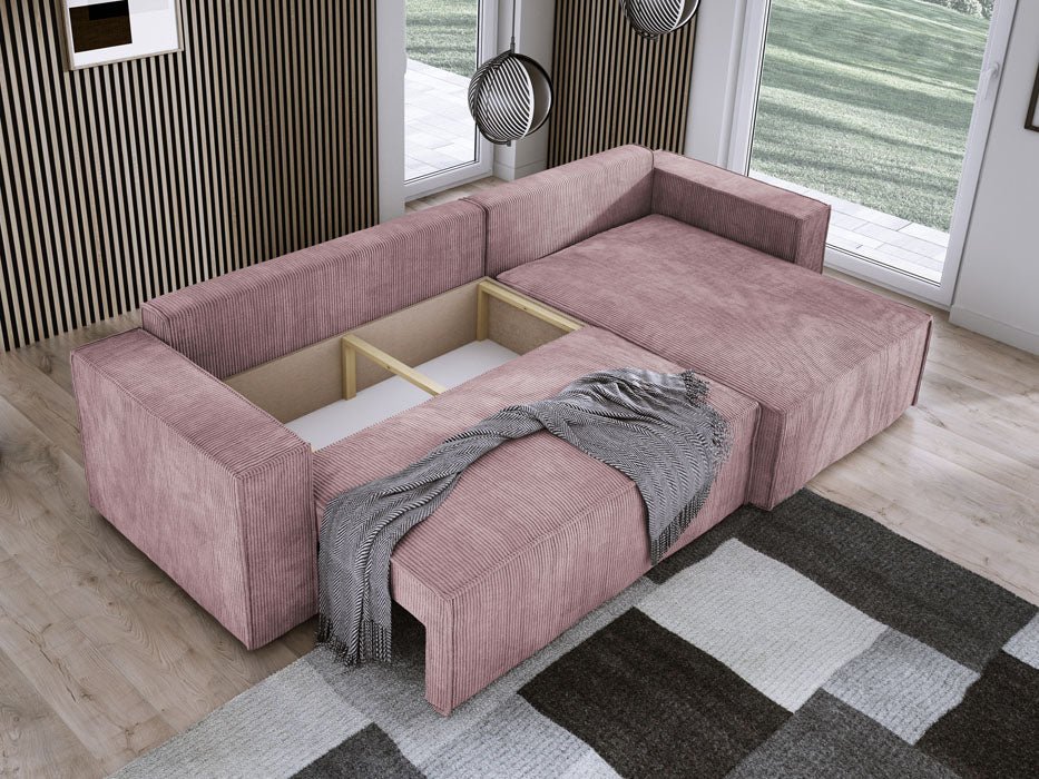 Designer Velanova sofa with sleeper function and storage space, made of corduroy