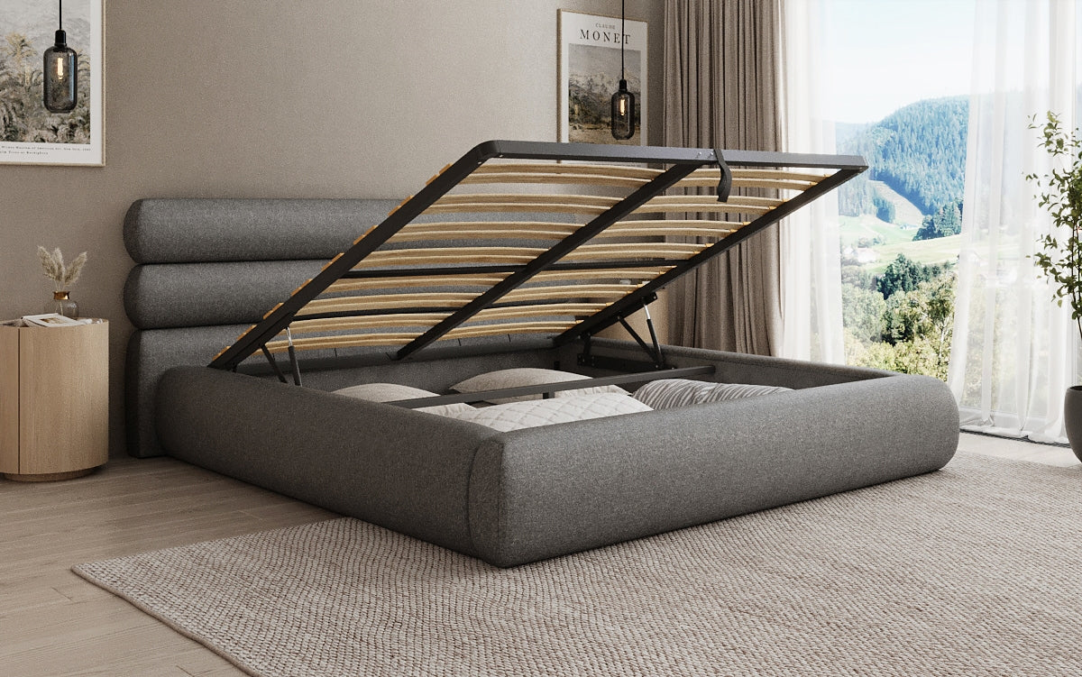 Designer upholstered bed Joline in textured fabric with storage