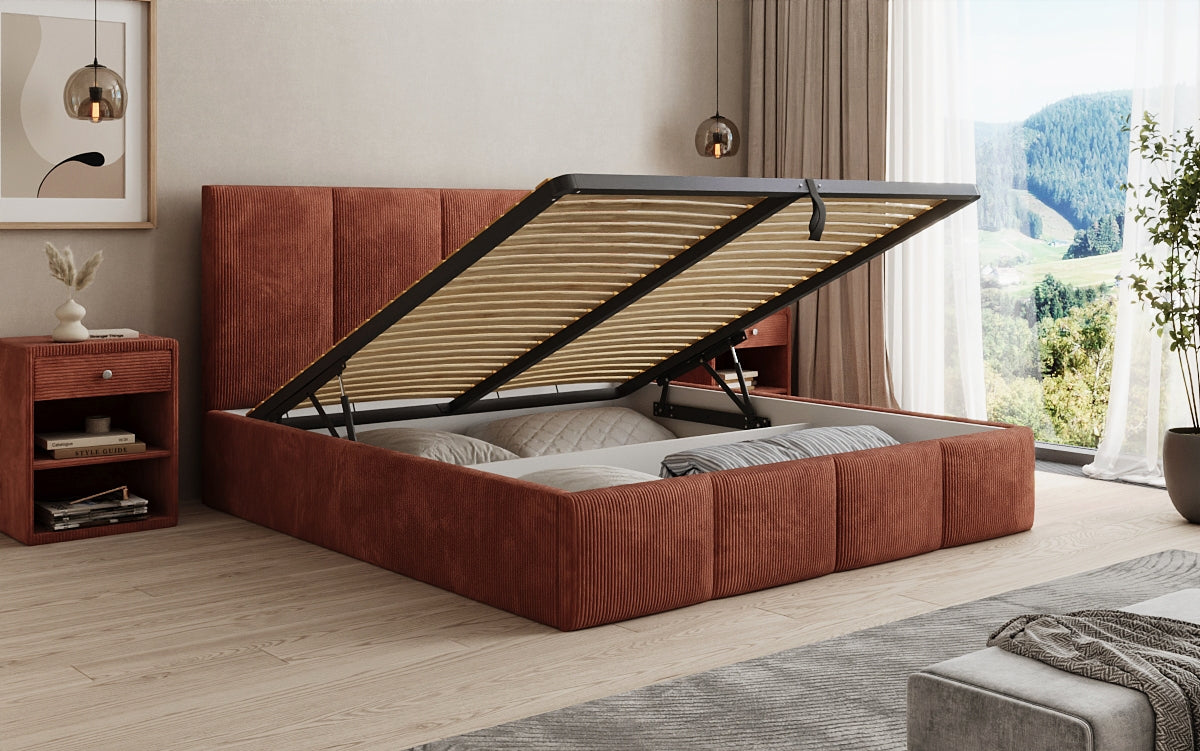 Designer upholstered bed Mina in Corduroy with storage space