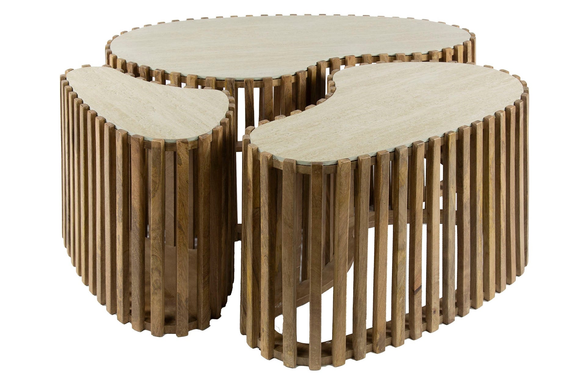 Couchtisch Savara - 3er Set aus Mangoholz mit Keramik-Tischplatte