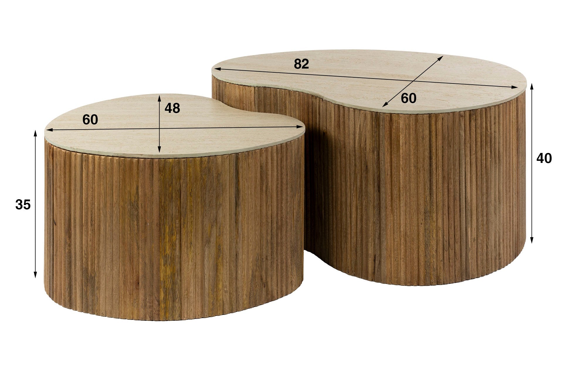 Couchtisch Tavara - 2er Set aus sandfarbenem Mangoholz mit Keramik-Tischplatte
