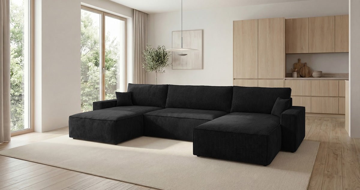 Designer Sofa Vienna U with Sleeper Function and Storage in Corduroy
