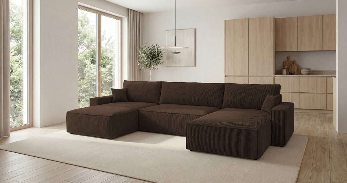 Designer Sofa Vienna U with Sleeper Function and Storage in Corduroy