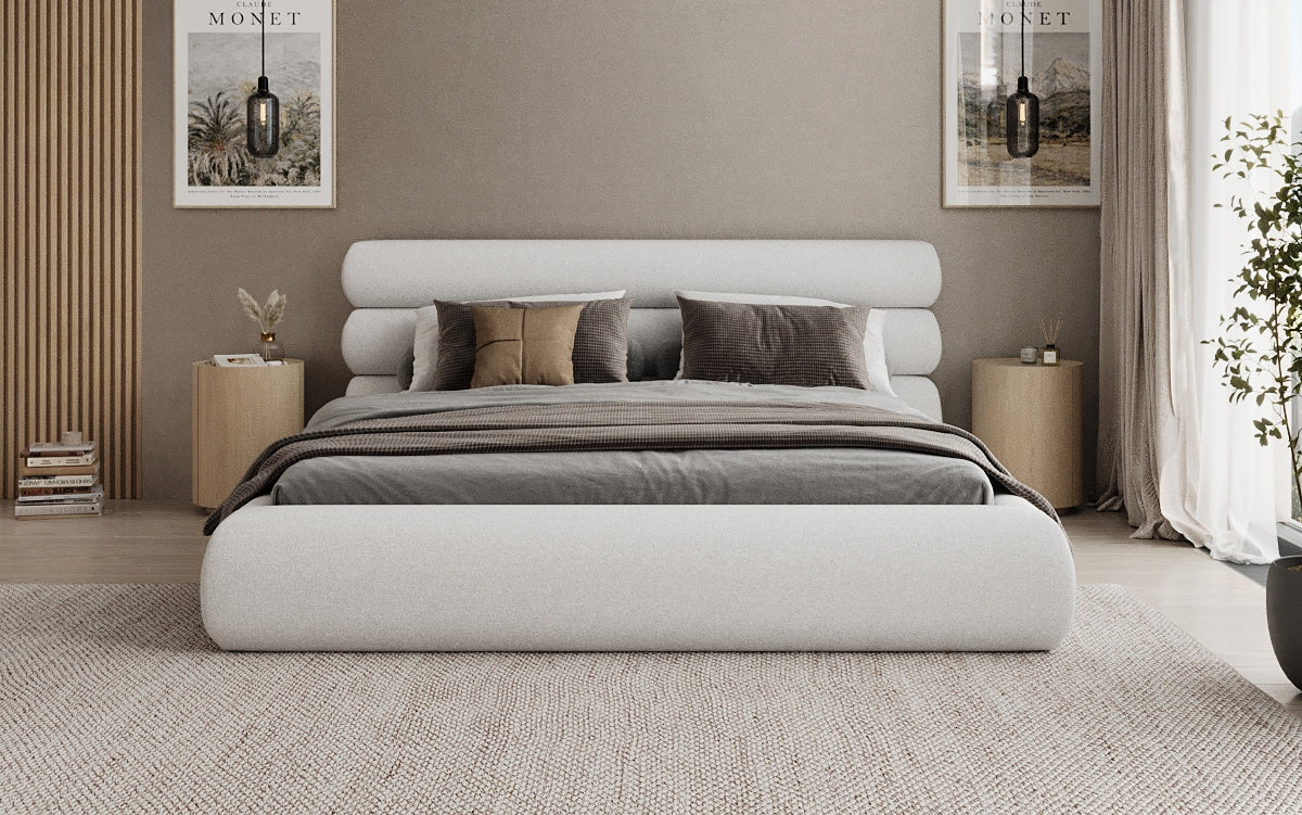 Designer upholstered bed Joline in textured fabric with storage