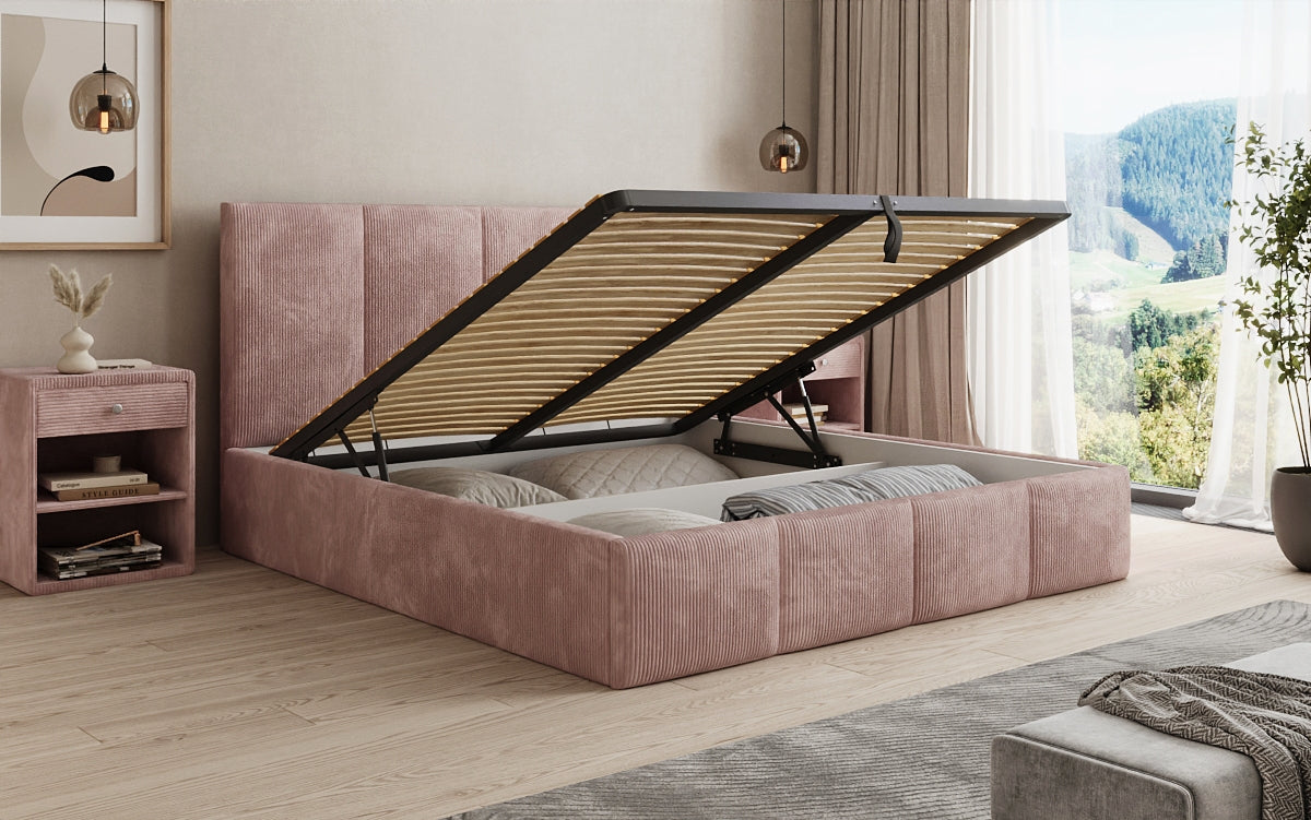 Designer upholstered bed Mina in Corduroy with storage space