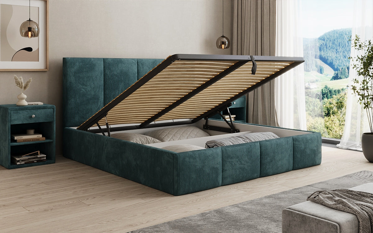 Designer upholstered bed Mina in Corduroy with storage space
