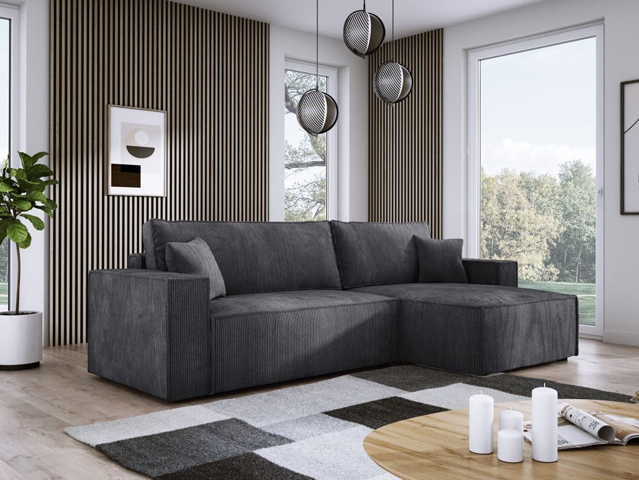 Designer Velanova sofa with sleeper function and storage space, made of corduroy