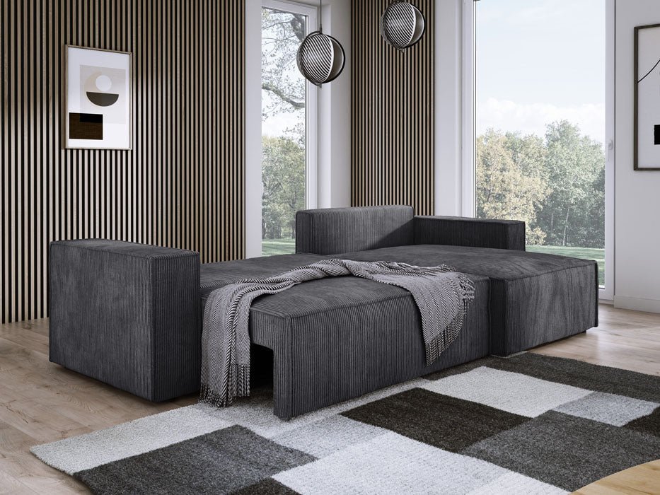 Designer Velanova sofa with sleeper function and storage space, made of corduroy