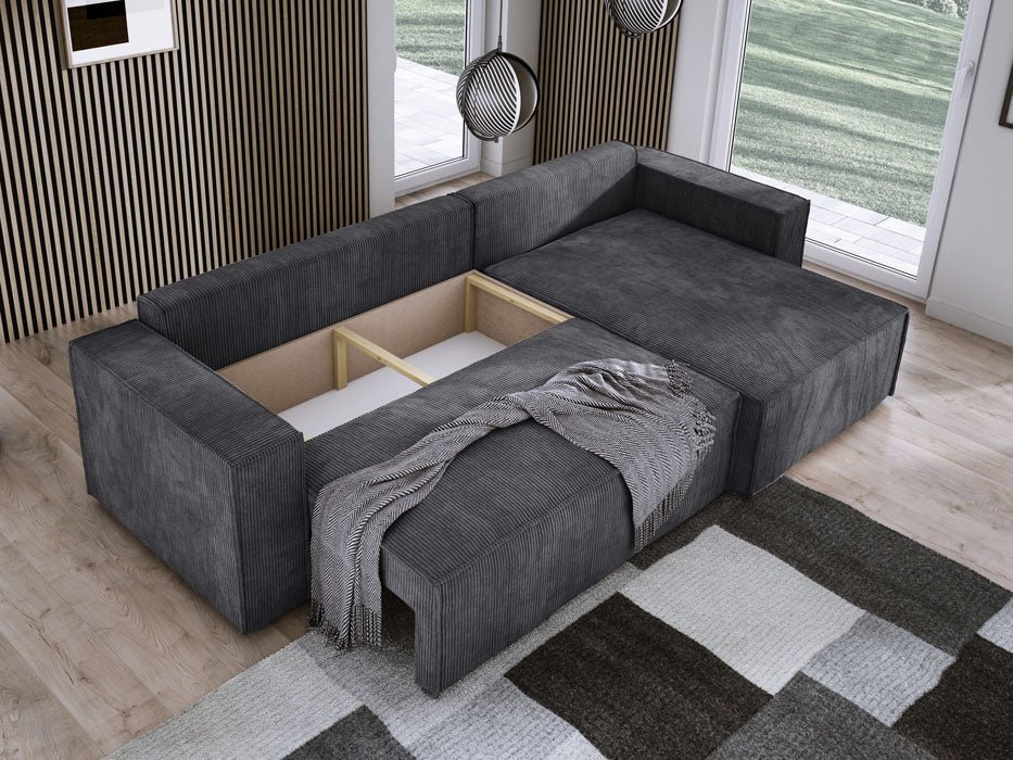Designer Velanova sofa with sleeper function and storage space, made of corduroy