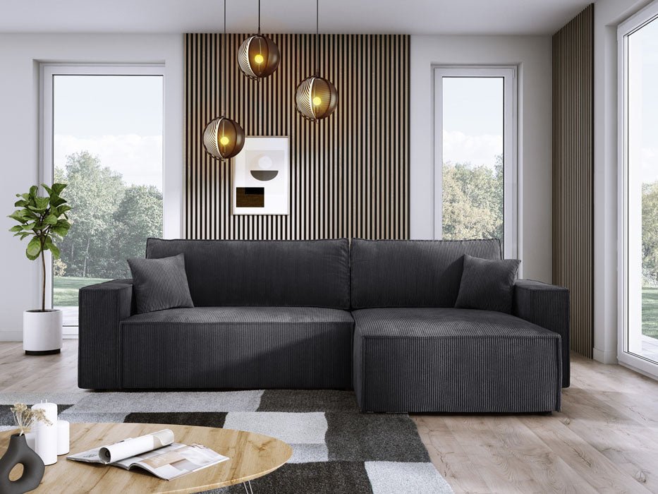 Designer Velanova sofa with sleeper function and storage space, made of corduroy