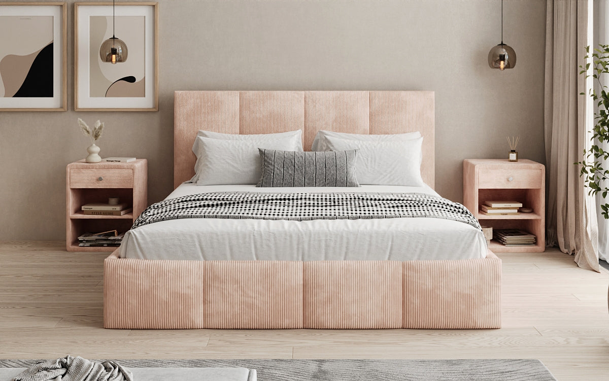 Designer upholstered bed Mina in Corduroy with storage space