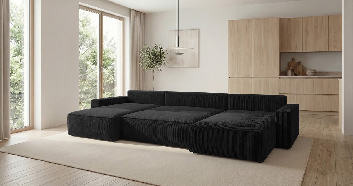Designer Sofa Vienna U with Sleeper Function and Storage in Corduroy