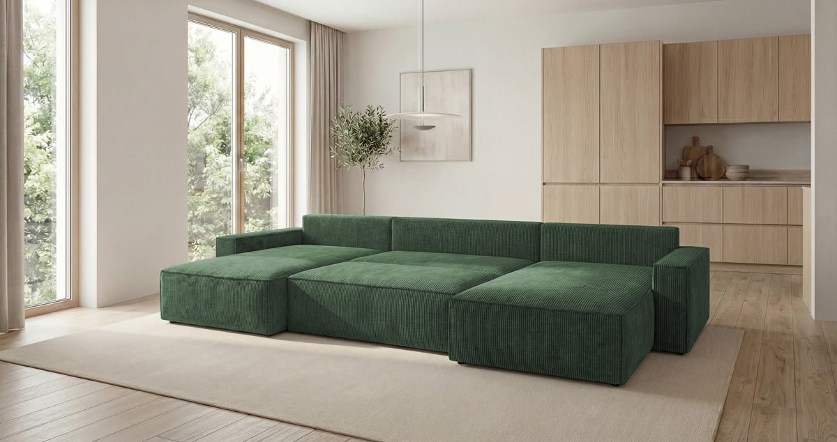 Designer Sofa Vienna U with Sleeper Function and Storage in Corduroy