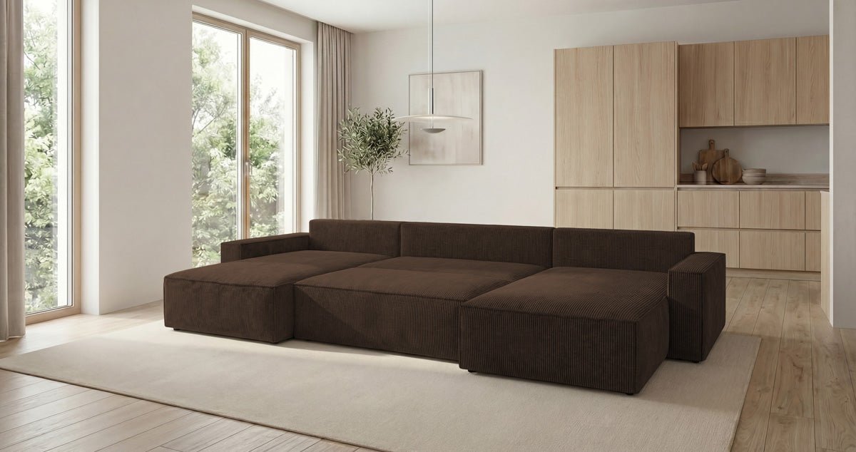 Designer Sofa Vienna U with Sleeper Function and Storage in Corduroy