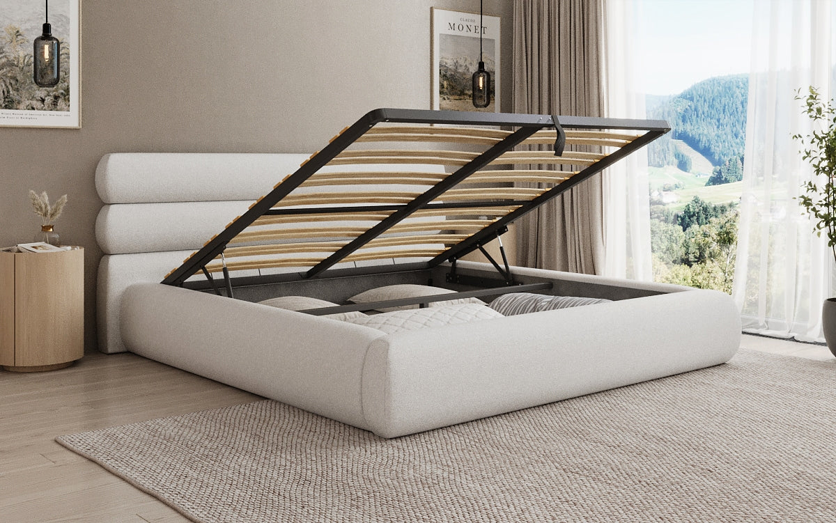 Designer upholstered bed Joline in textured fabric with storage