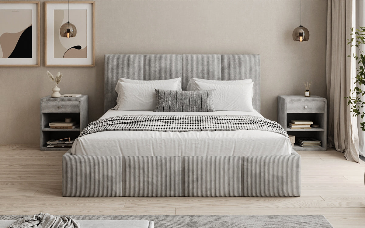 Designer upholstered bed Mina in Corduroy with storage space